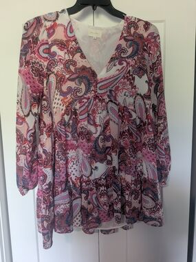 Melloday Womens Blouse Top  Size S Paisley Long  Sleeve Pink Red W/ Ruffle